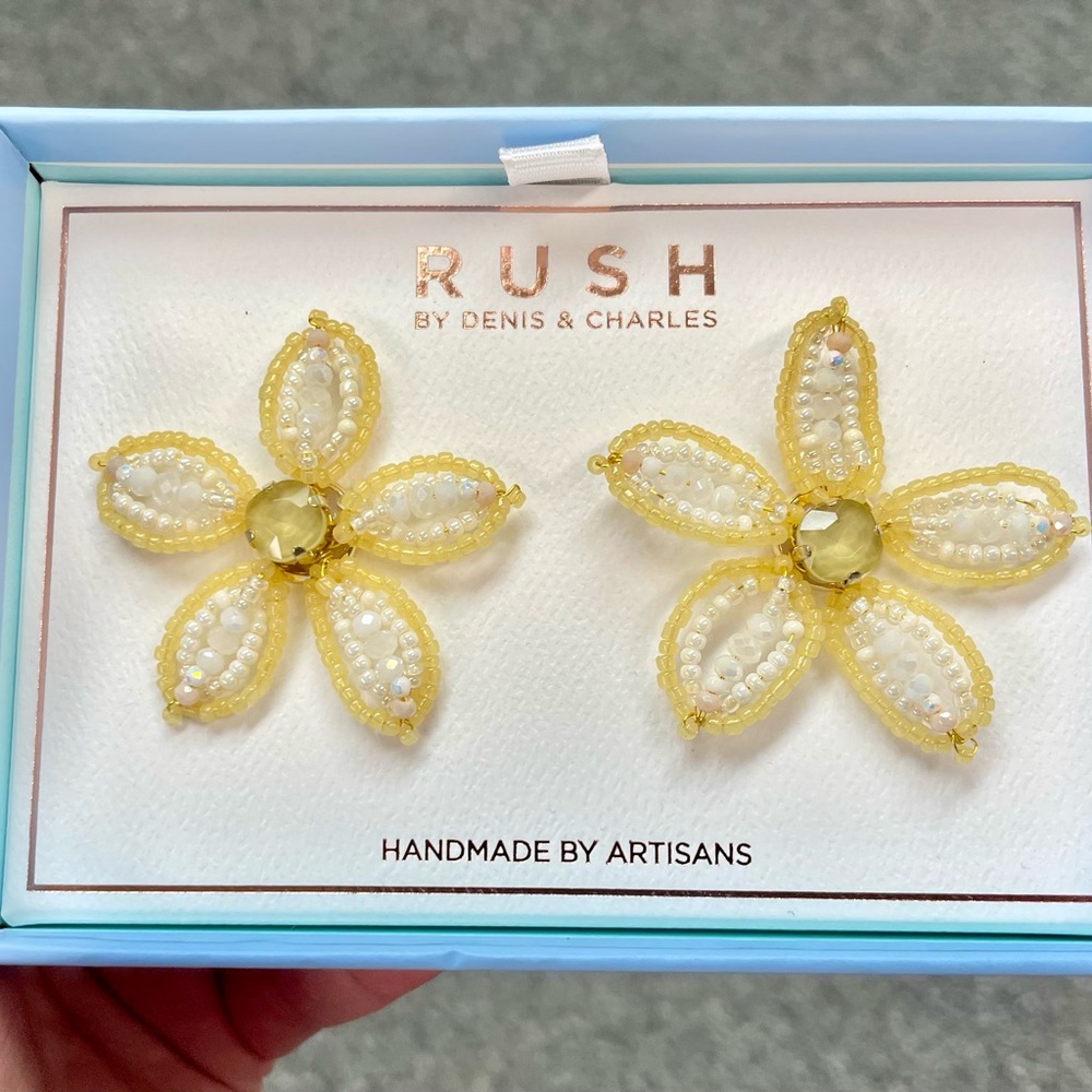Yellow and White Artisan Beaded Floral Earrings